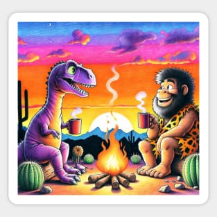 Dinosaur & Caveman Sunset Campfire - Prehistoric Friends Gathering Sticker